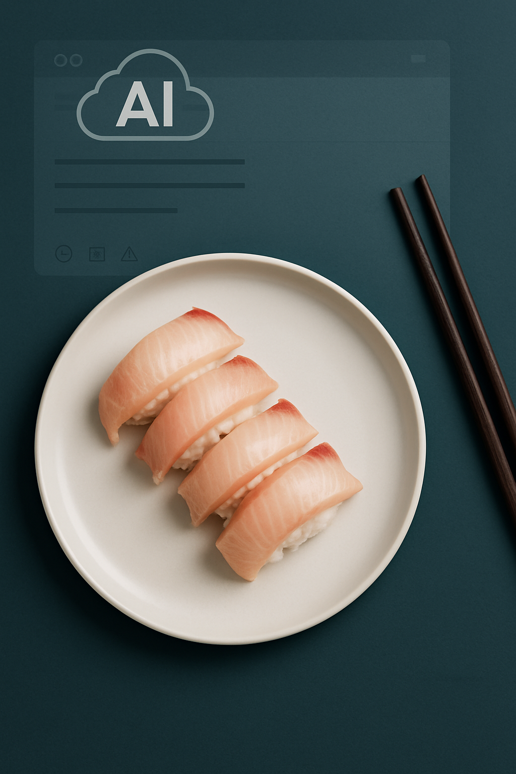 Hamachi sashimi next to a laptop — representing AI-powered business communication.